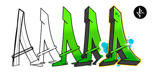 How to draw graffiti letter A step by step graphic